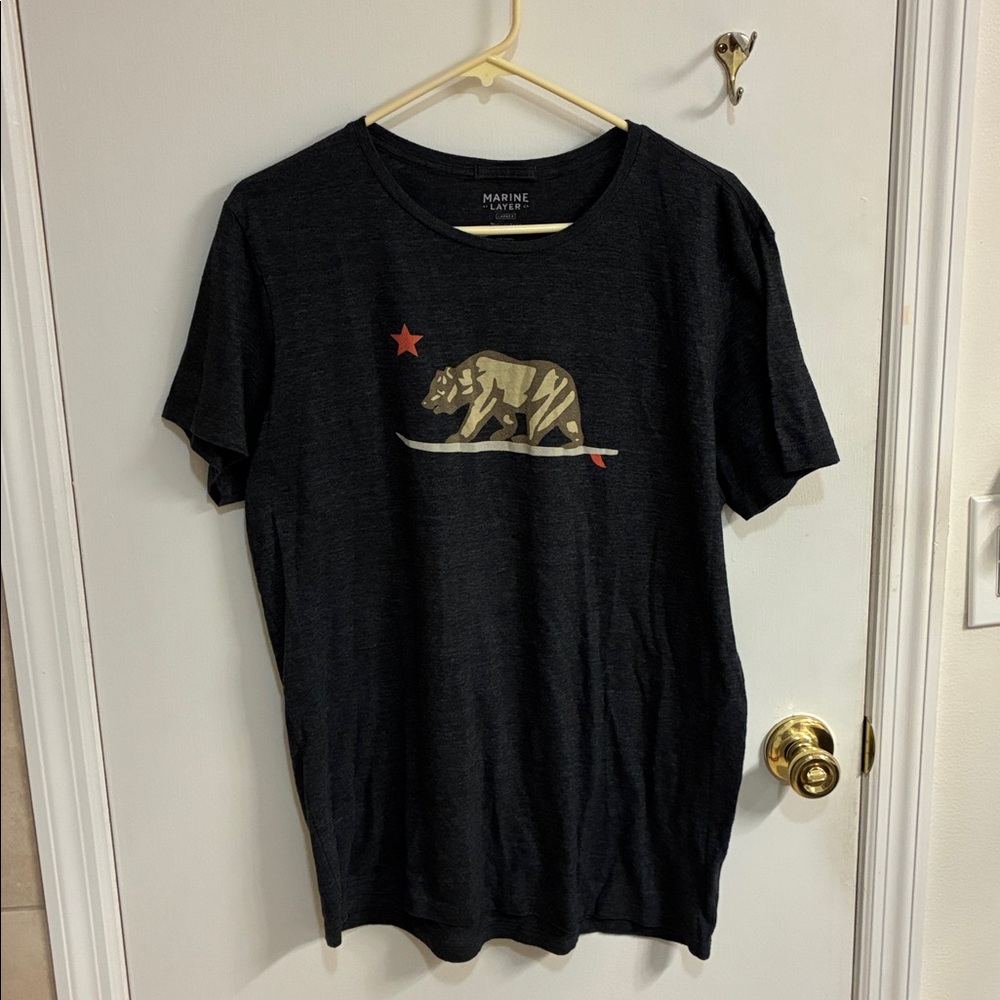 Marine Layer Black Short Sleeve Tee with Camouflage Bear Graphic and Red Star